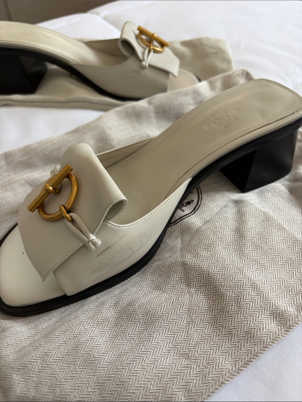 Hermes Ivory Leather Slide Mules with Gold Ring Accent - Picture 2 of 8